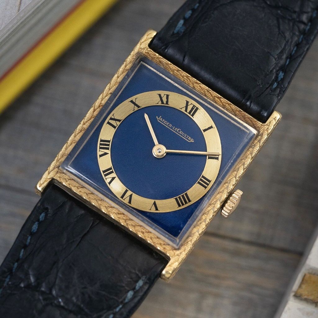 Jaeger LeCoultre 1970 Jaeger Lecoultre Tank solid 18k yellow Gold Wristwatch Blue Dial