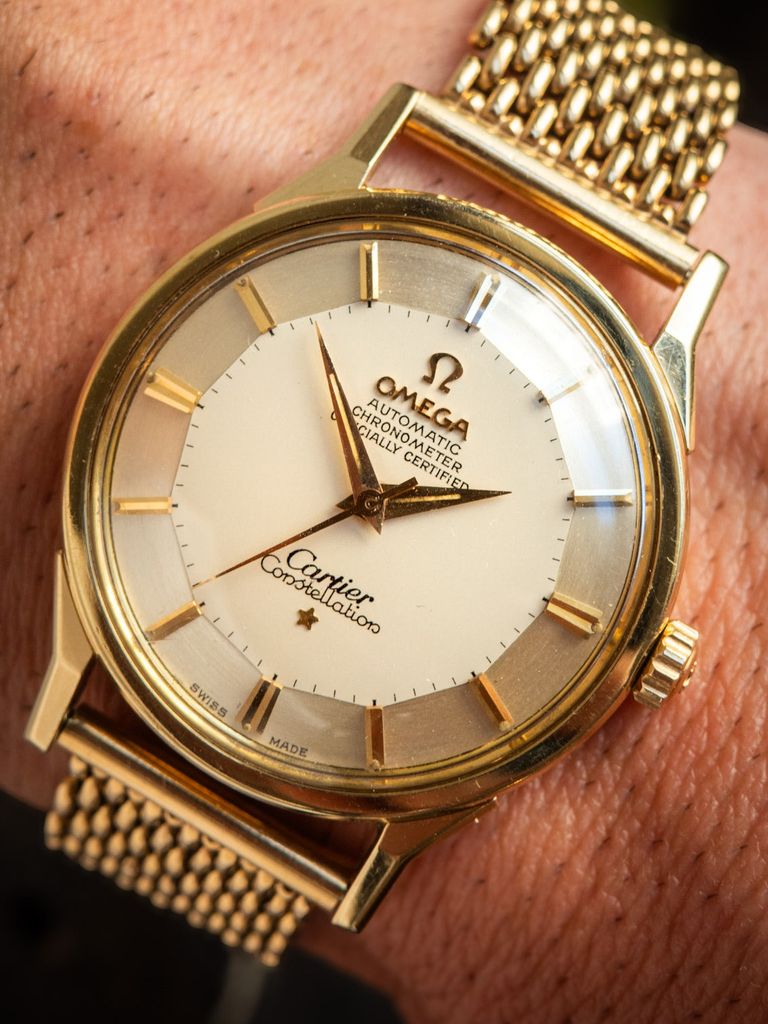 Cartier RARE 1962 Omega Constellation 14K YG Ref. 14900SC Silver Cartier Cosigned Pie Pan Dial W Cartier Milanese Bracelet